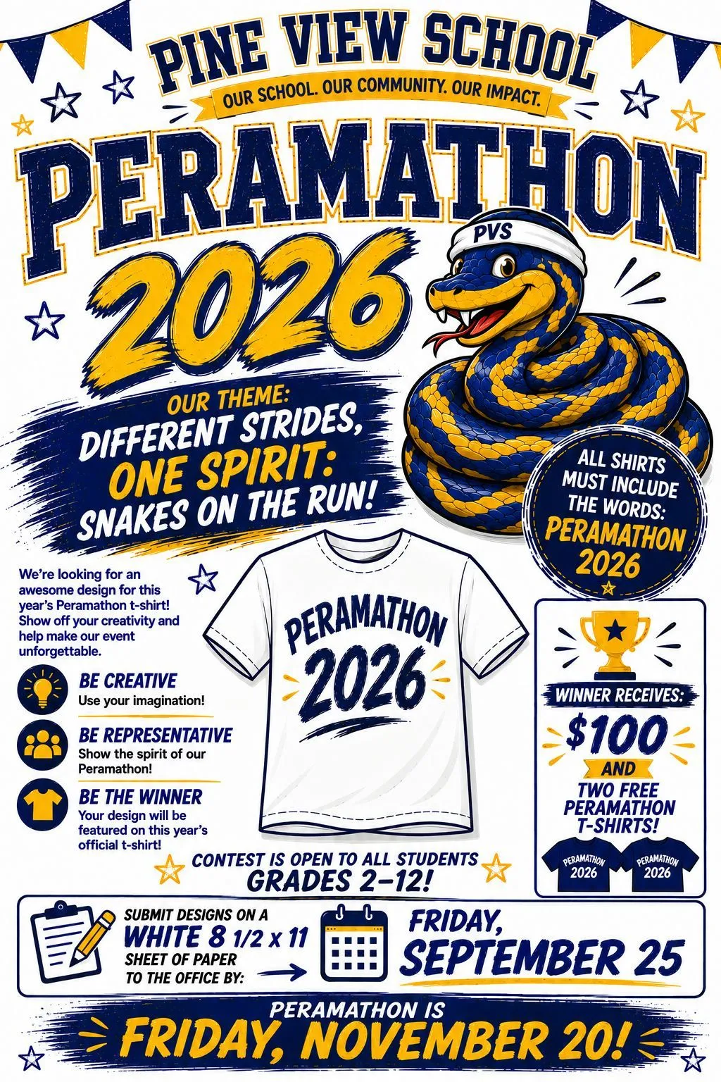 Peramathon 2026 t-shirt design contest flyer. Theme: Different Strides, One Spirit, Snakes on the Run. Open to grades 2 to 12. Winner receives $100 and two free shirts. Designs due Friday, September 25.