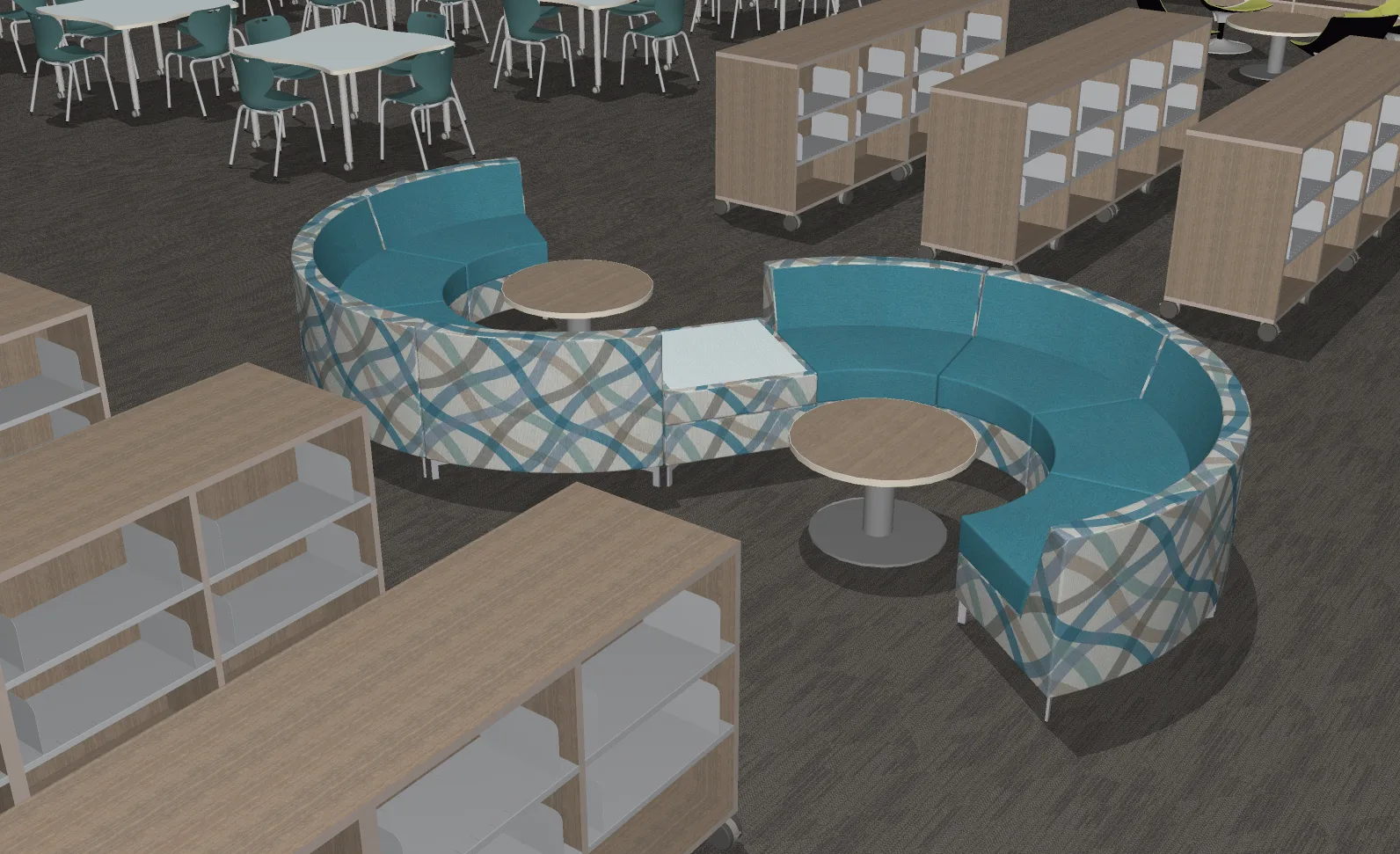 Rendering of flexible soft seating in the reimagined Pine View media center